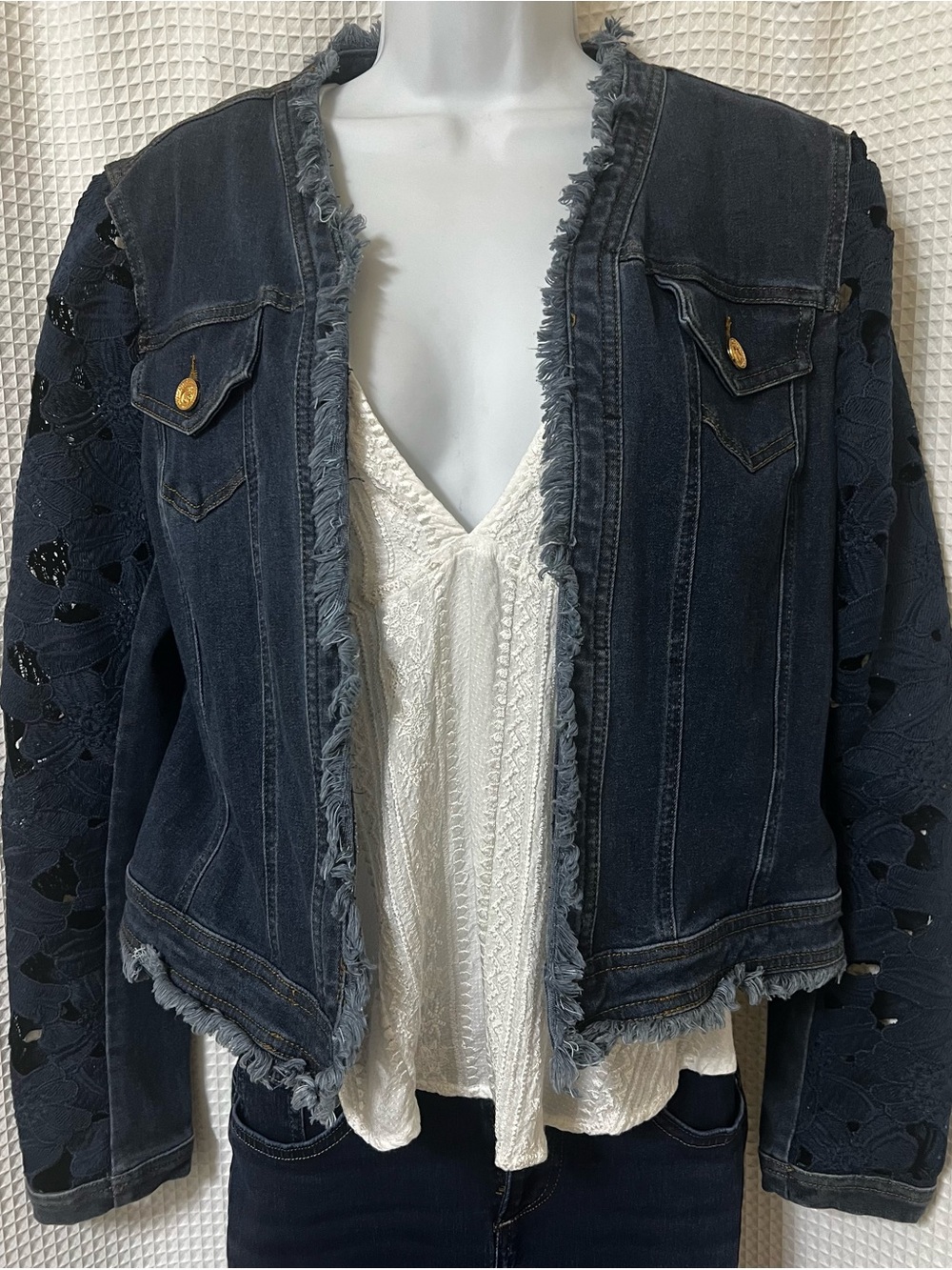 Nygard Frayed Edge Dark Blue Denim Jacket with Crochet Sleeves Womens SZ M/L
